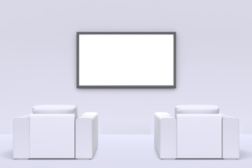 Sofa and TV on wall in corner of room. Front view. 3d render.