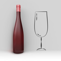 Realistic wine bottle in corner of empty room on background of wall with hand drawn glass. Creative illustration. Front view. 3D render.