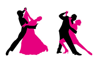 Couples are dancing. Vector clip art magenta and black