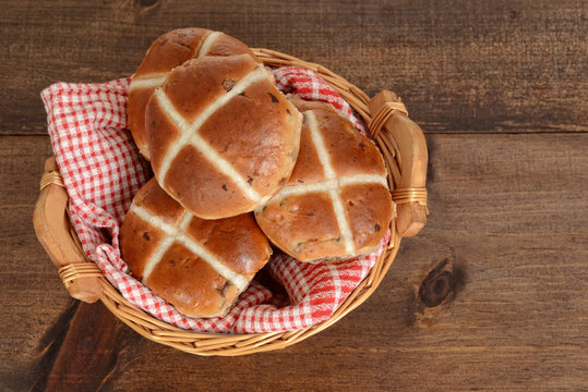 Top View Hot Cross Buns In Basket