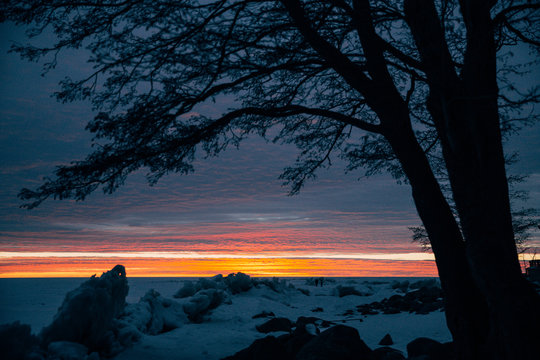 winter landscape - sunset in the snow field