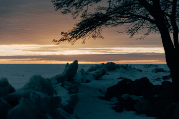 winter landscape - sunset in the snow field © cmirnovalexander