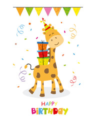 birthday card. giraffe with party cap, balloon and confetti