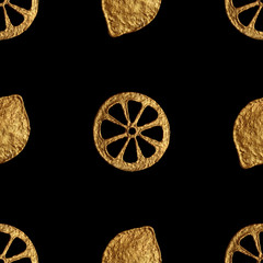 Abstract lemon pattern. Gold hand painted seamless background. Citrus fruit golden illustration.