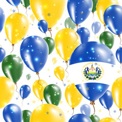 Republic of El Salvador Independence Day Seamless Pattern. Flying Rubber Balloons in Colors of the Salvadoran Flag. Happy Republic of El Salvador Day Patriotic Card with Balloons, Stars and Sparkles.