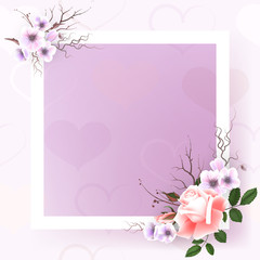 Beautiful square frame with pink roses and pearls on black background for greeting card or invitation design.