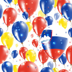 Slovenia Independence Day Seamless Pattern. Flying Rubber Balloons in Colors of the Slovene Flag. Happy Slovenia Day Patriotic Card with Balloons, Stars and Sparkles.