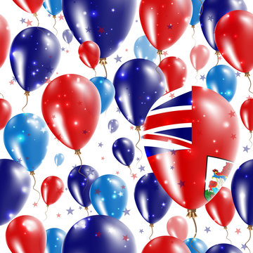 Bermuda Independence Day Seamless Pattern. Flying Rubber Balloons in Colors of the Bermudian Flag. Happy Bermuda Day Patriotic Card with Balloons, Stars and Sparkles.