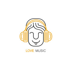 Smiling man with headphones - logo design template in linear style. Love music concept.