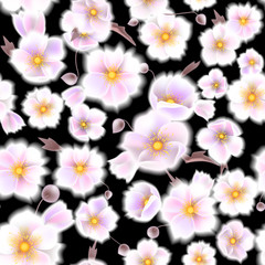 Seamless soft pattern with anemones, small flowers and brown twigs in vintage style, vector illustration.