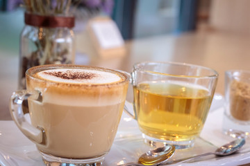 Cappuccino coffee cup and tea,Hot coffee in white mug,hot tea