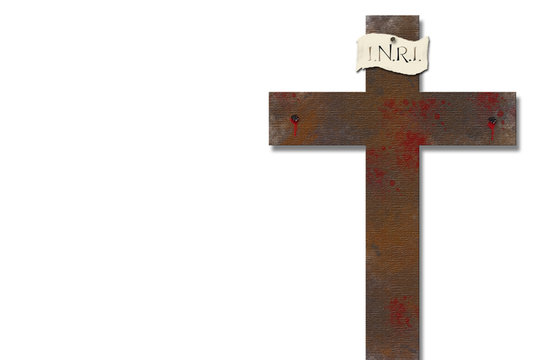 Cross of Jesus Christ, Easter or Good Friday illustration with textured bloody cross with nails, and copy space for text.