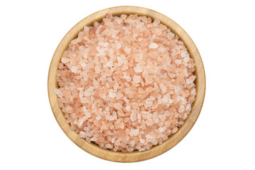 Wooden bowl with himalayan salt on white background