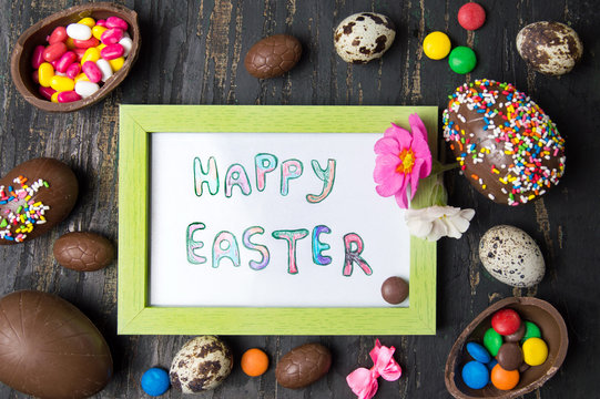 Happy Easter card and chocolate eggs