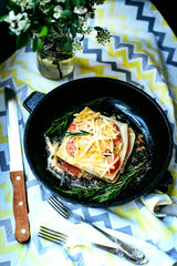 Portion of tasty lasagna with cheese