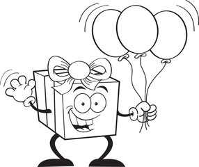 Black and white illustration of a gift box holding balloons