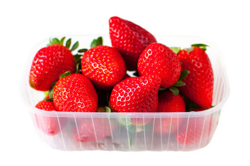 Fresh Strawberries in a box isolated on white  background close up.