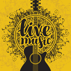 banner with acoustic guitar and inscription live music on arts background