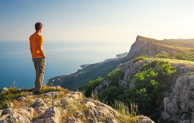 Fototapeta premium Man on top of mountain. Conceptual design.
