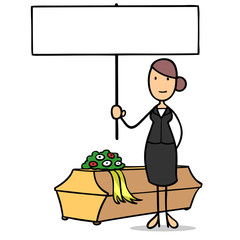 Cartoon Frau als Bestatter hält Schild