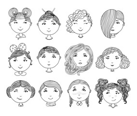 Set of hand drawn girl faces. Cartoon girls. Avatar collection. Vector illustration