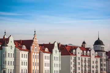 Old European roofs and colored facades of vintage houses in Kaliningrad