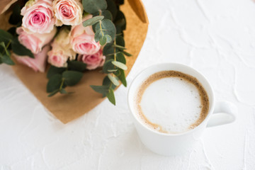 Fototapeta na wymiar Romantic feminine background with coffee and roses