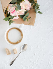 Romantic feminine background with coffee and roses