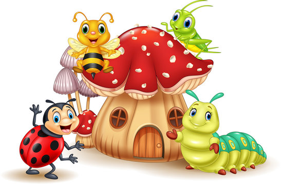 Cartoon small insect with mushroom house