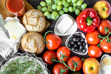Healthy breakfast ingredients of vegetarian food, fruits and vegetables, flat lay