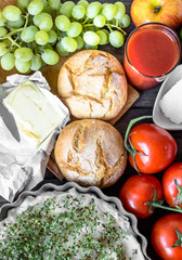 Healthy breakfast ingredients of vegetarian food, fruits and vegetables