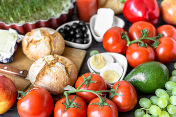 Healthy breakfast ingredients of vegetarian food, fruits and vegetables
