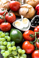 Naklejka na ściany i meble Healthy breakfast ingredients of vegetarian food, fruits and vegetables