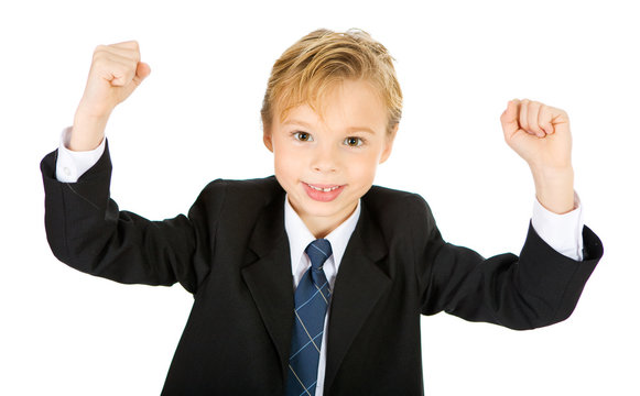 Occupation: Boy Businessman Cheering With Hands Raised