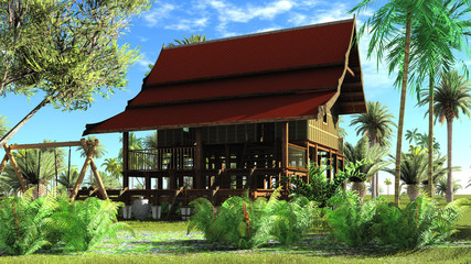 Fototapeta na wymiar Thai style wooden hut 3d rendering