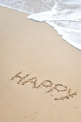Happy sign on the beach background