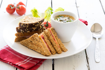 lunch dinner plate fresh cut sandwich ham cheese cup bowl vegetable creamy soup garnish seeds