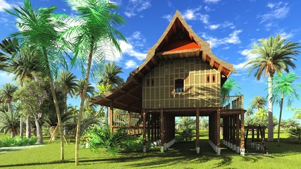 Thai style wooden hut 3d rendering