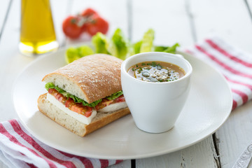 lunch dinner plate fresh cut sandwich ham cheese cup bowl vegetable creamy soup garnish seeds