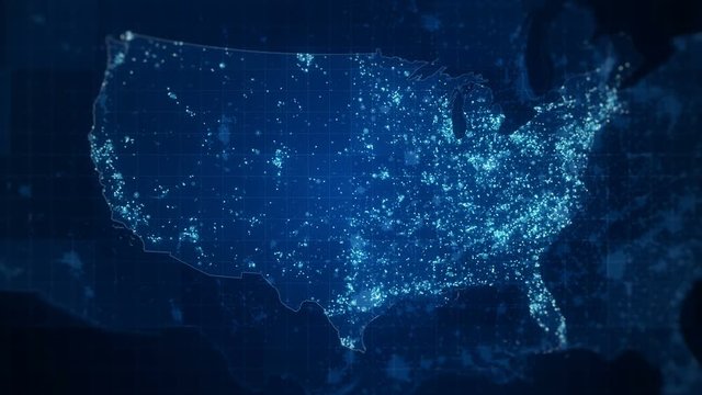 Global Blue USA Map Loop. USA map with visual effects and glowing connections in different places on the map.