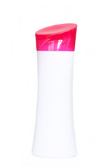 Plastic shampoo bottle on white background.