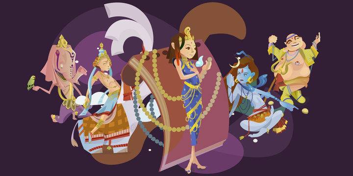 Set of isolated hindu gods meditation in yoga poses lotus and Goddess hinduism religion, traditional asian culture spiritual mythology, deity worship festival vector illustrations, T-shirt concepts