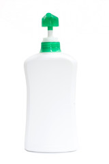 Plastic shampoo bottle on white background.