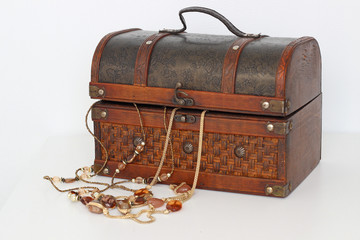 Old trunk, suitcase with jewelry