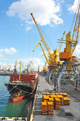 Bulk cargo ship under port crane