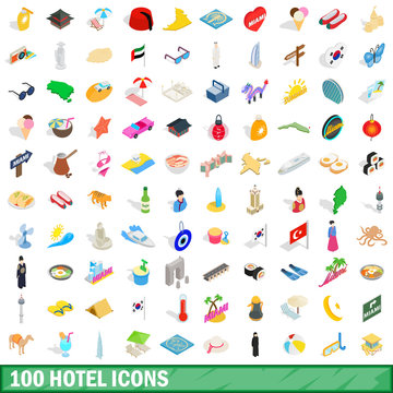 100 hotel icons set, isometric 3d style