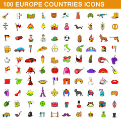 100 europe countries  icons set, cartoon style
