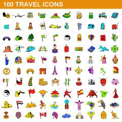 100 travel icons set, cartoon style