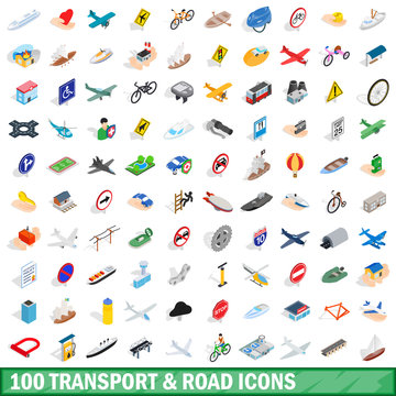 100 transport and road icons set, isometric style