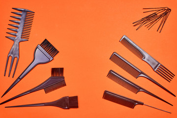 Tools hairdresser's top view on white isolate